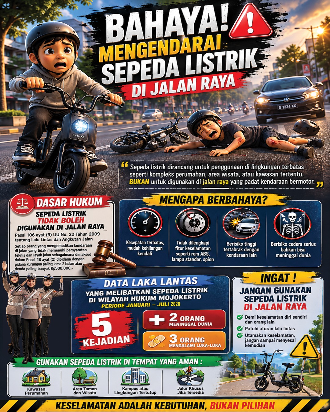 Polres Mojokerto Imbau Masyarakat Tidak Gunakan Sepeda Listrik di Jalan Raya