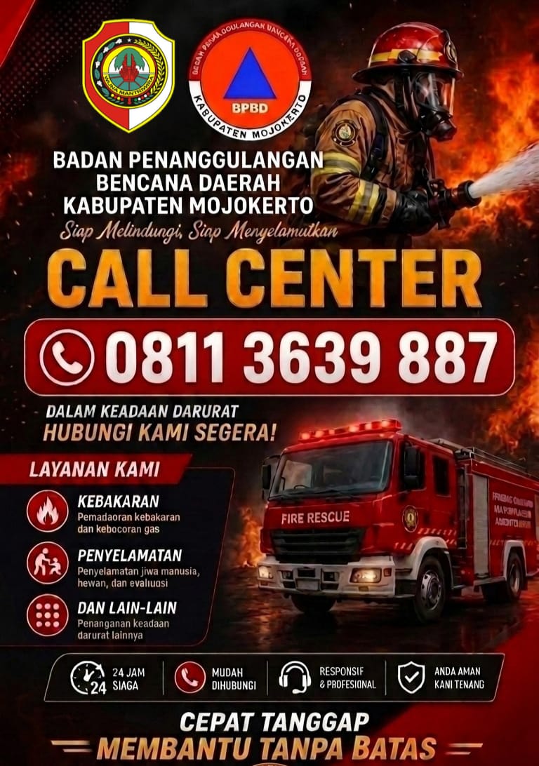 BPBD Kabupaten Mojokerto Buka Call Center 24 Jam: 0811 3639 887 Siap Tanggap Darurat