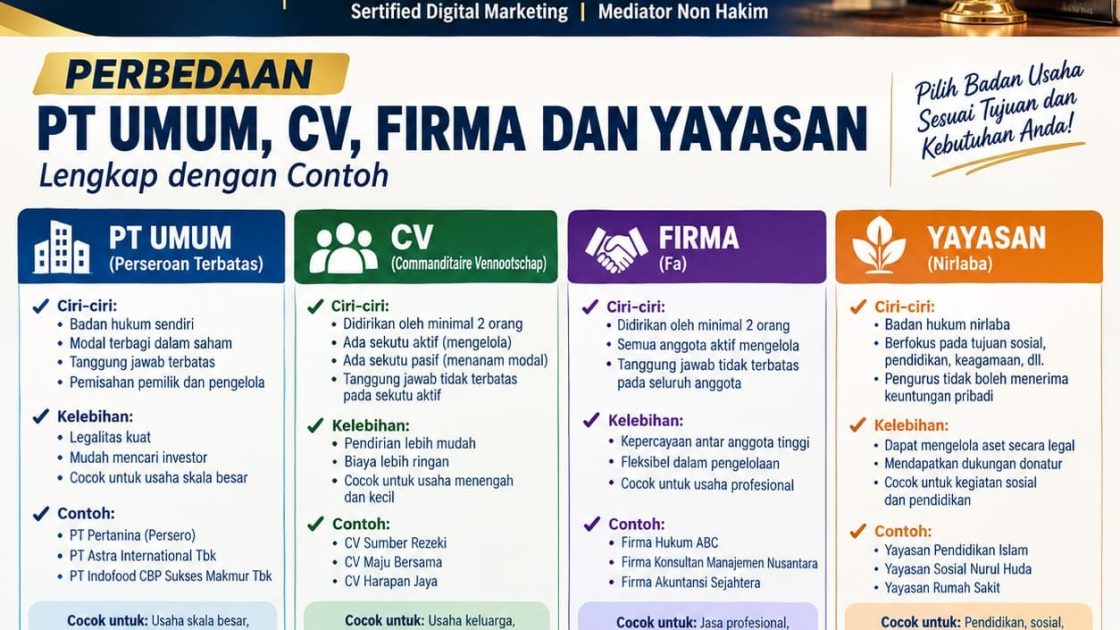 PERBEDAAN PT UMUM, CV, FIRMA, DAN YAYASAN: PENGERTIAN, DASAR HUKUM, KELEBIHAN, KEKURANGAN, DAN CONTOHNYA