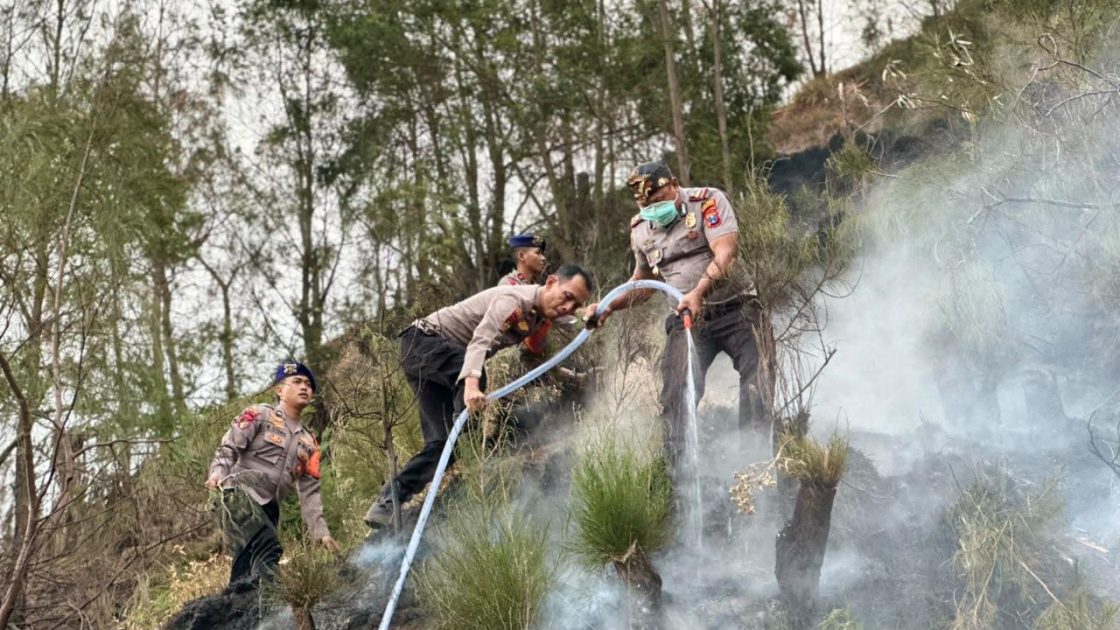 Personel BKO Polda Jatim Gerak Cepat Padamkan Titik Api, Cegah Karhutla TNBTS Meluas